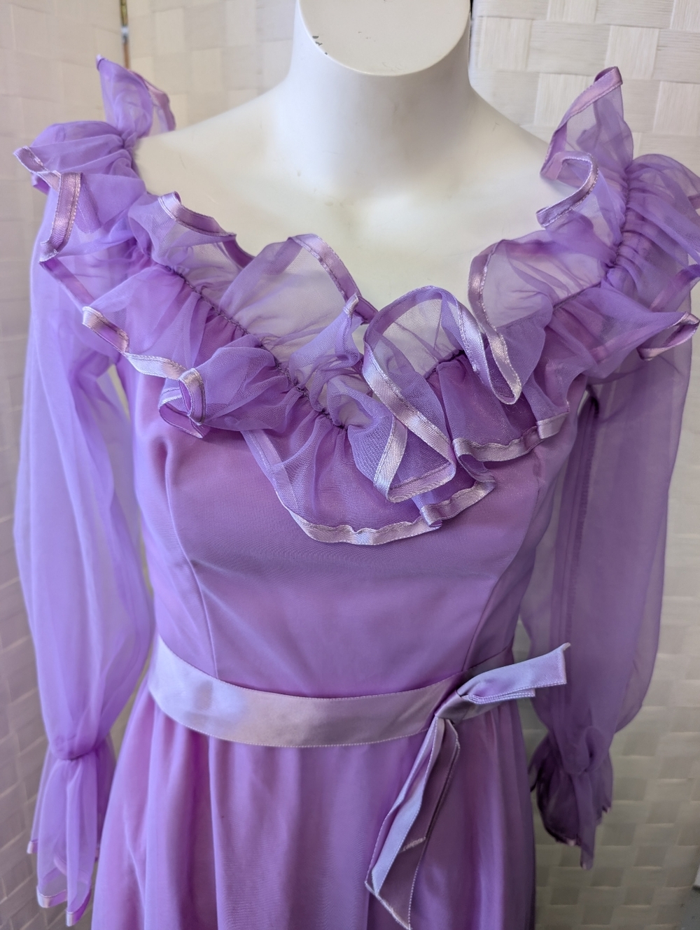 Vintage Lilac Ruffled Chiffon Maxi Dress Union Made 1970s